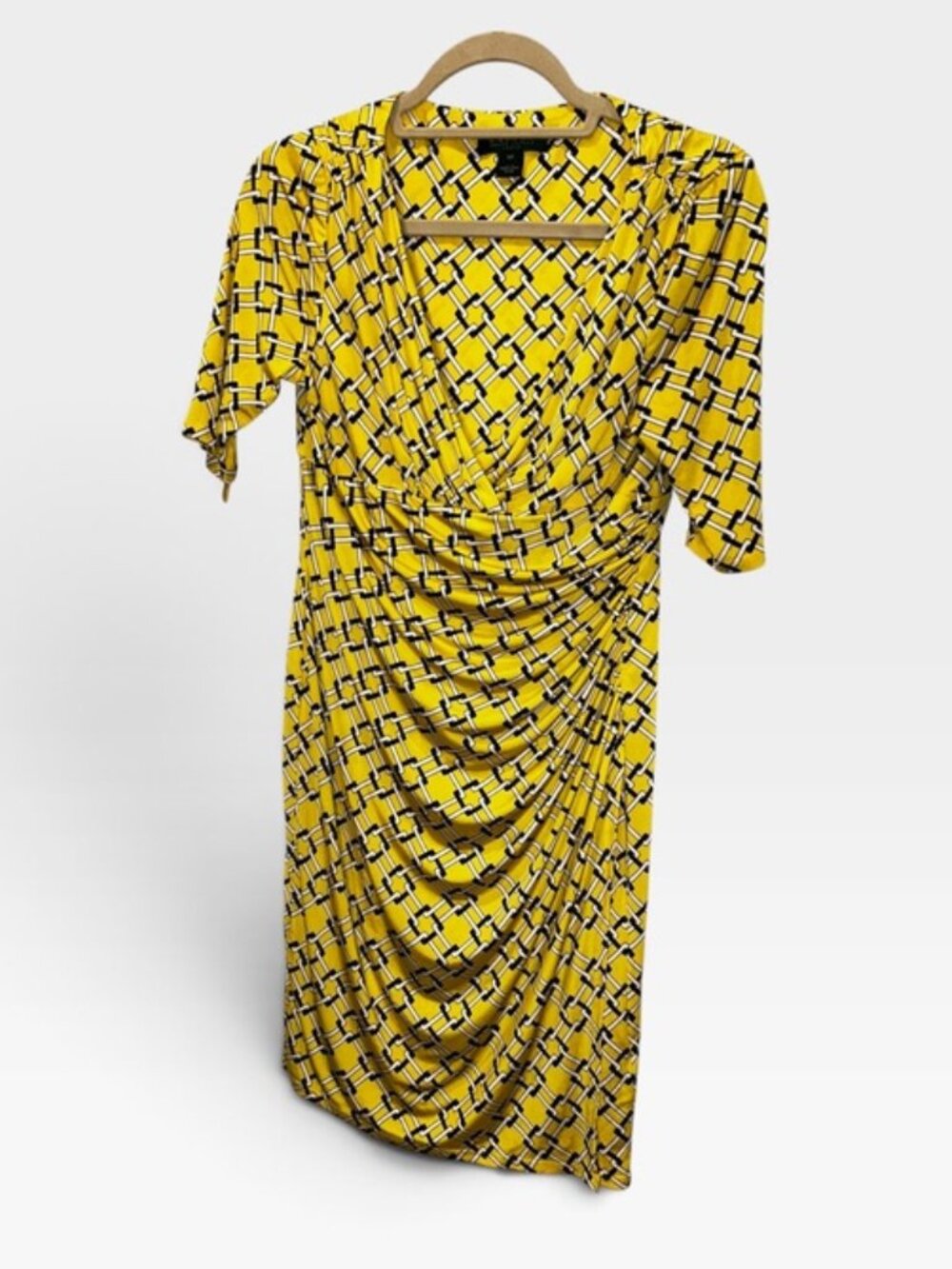 Ralph Lauren petites yellow interlocking chain links print faux wrap dress 10